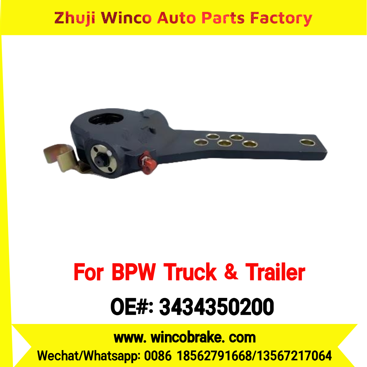 Winco OEM 3434350200 Automatic Brake Slack Adjuster for BPW Axle Truck & Trailer 6 Holes 10 Teeth Replace Haldex
