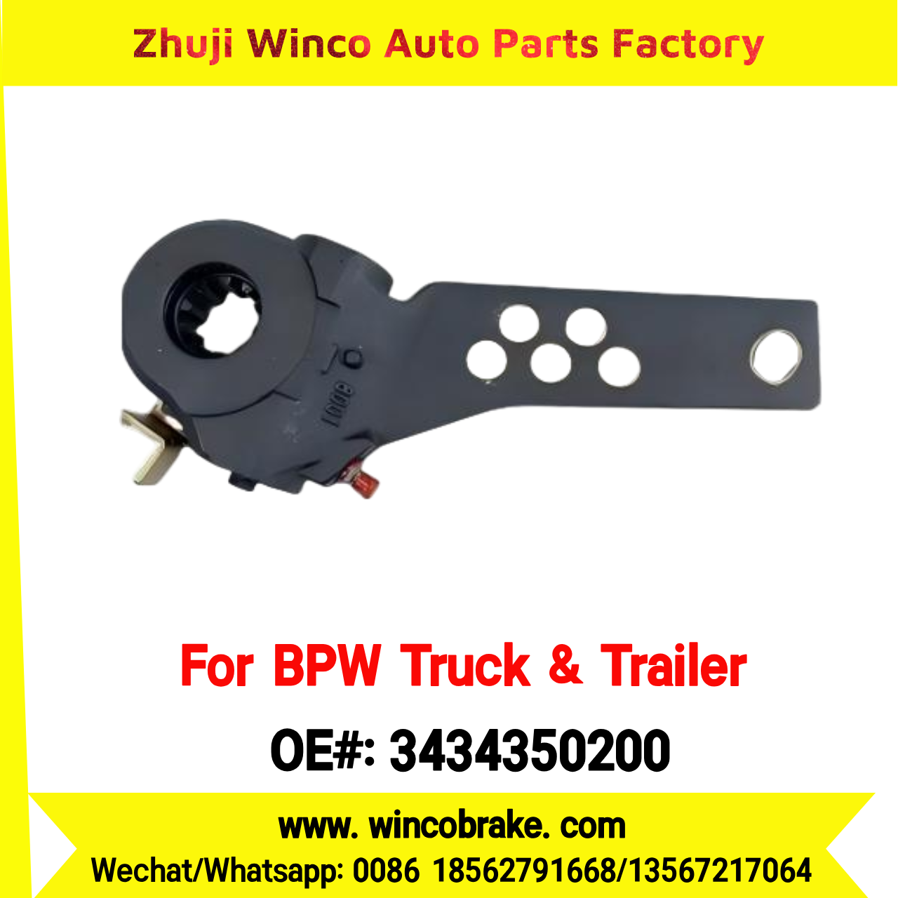 Winco OEM 3434350200 Automatic Brake Slack Adjuster for BPW Axle Truck & Trailer 6 Holes 10 Teeth Replace Haldex