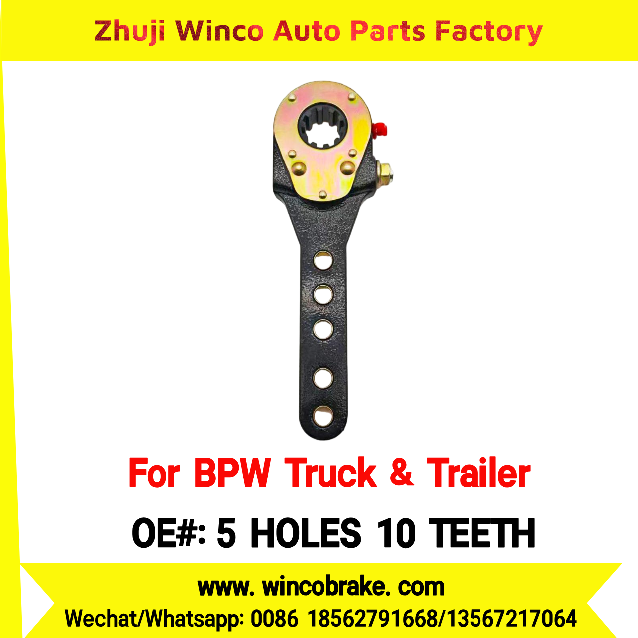 Winco OEM 5 HOLES 10 TEETH Manual Brake Slack Adjuster for BPW Axle Truck & Trailer Straight 10 Teeth Replace Haldex