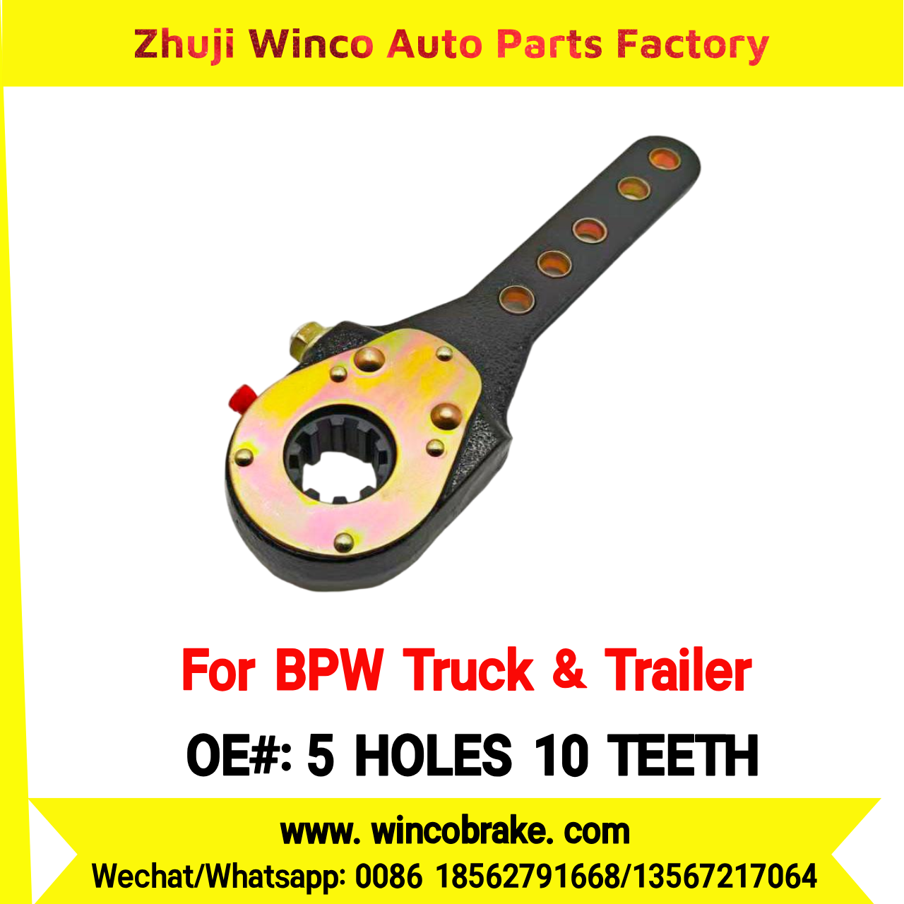 Winco OEM 5 HOLES 10 TEETH Manual Brake Slack Adjuster for BPW Axle Truck & Trailer Straight 10 Teeth Replace Haldex