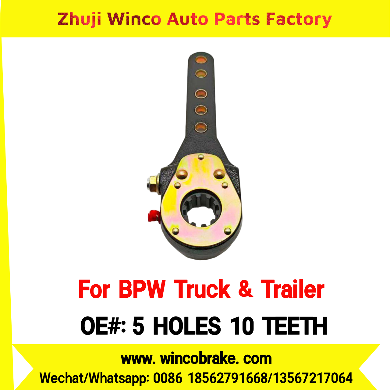 Winco OEM 5 HOLES 10 TEETH Manual Brake Slack Adjuster for BPW Axle Truck & Trailer Straight 10 Teeth Replace Haldex